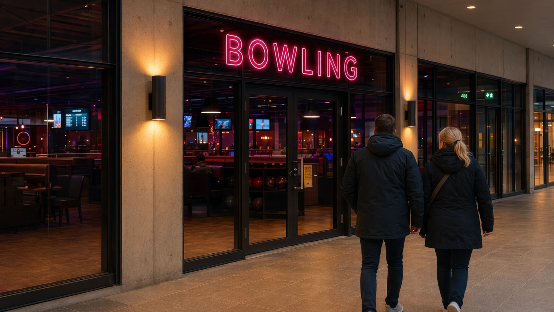 Inngangen til Sartor Bowling på Thon Senter Sartor i Straume — varmt LED-lys og rød logo over døra